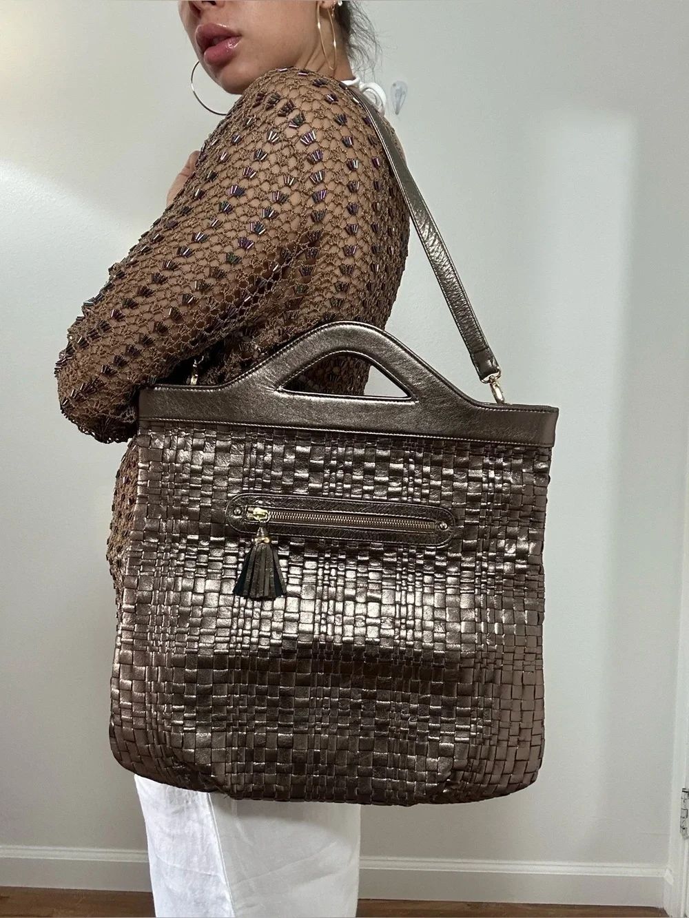Lauren Merkin Silver Woven Leather Tote Handbag Convertible Foldable Clutch